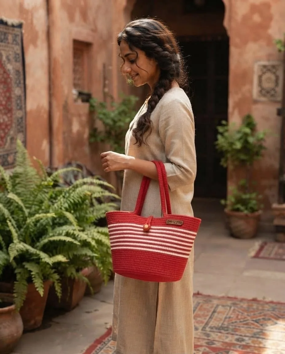 Stylish Red & White Striped Women Tote Bag